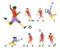 Woman soccer player team, vector set. Black or Indian female soccer player kick the ball, goalkeeper save the shot. Royalty Free Stock Photo