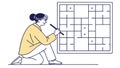Woman solving a complex Sudoku or grid-based logic puzzle, focus, vector design Generative AI Royalty Free Stock Photo