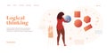 Woman solving logical problem. Brainstorm or logic concept in flat vector design. Analytical business thinking metaphor. Web