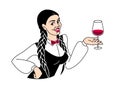 Woman sommelier, tasting and evaluating wine. Girl holding glass of wine. Taste appreciation, aroma, look of alcoholic Royalty Free Stock Photo