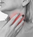 Woman sore throat bad swallowing discomfort uncomfortable symptom syndrome sickness