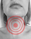 Woman sore throat respiratory, choke, suffocation, shock symptom
