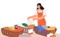 Woman sorting dirty clothes, linen in baskets for laundry, washing. Housewife and housework. Happy housekeeper and