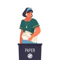 Woman sorting paper garbage, vector banner or icon