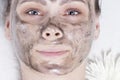 Woman in spa closeup. Face of young girl with black facial mask on spa treatments. Skin care. Skincare. Beauty and health concept