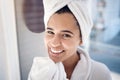 Woman, spa and portrait smile for hygiene, wash or beauty skincare or cosmetic bathroom treatment. Happy female face Royalty Free Stock Photo