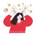 Woman with sparklers in hands celebrating event simple line flat vector cartoon illustration. Girl with bengal light and