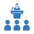 Woman, speaker, conference, lecturer icon. Blue vector design