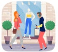 Woman speaks on phone and walks on background of store. People walking outdoor with smartphones