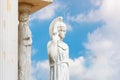 Woman with spear statue. Replica on ancient greek Athena sculpture in a public park. Cracked face of female Greek Royalty Free Stock Photo