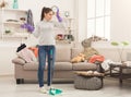 Woman with special equipment cleaning house