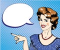 Woman with speech bubble pointing finger vector illustration in retro comic pop art style Royalty Free Stock Photo