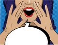 Woman with speech bubble in retro pop art style. Girl screaming template comic vector illustration. Face open mouth