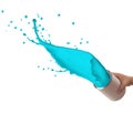 Woman splashing bright blue paint from metal can on white background Royalty Free Stock Photo