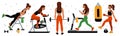 Woman at sport gym. Female workout scenes. Girl fitness character. People engaged in simulators. Athlete exercising with