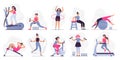 Woman at sport gym. Vector illustration set