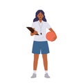 Woman sport trainer basketball school instructor cartoon character standing with ball and clipboard Royalty Free Stock Photo