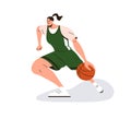 Woman sports player playing basketball. Female athlete pivoting with ball. Girl at athletic game, training. Sportswoman