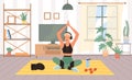 Woman sports in room. Meditation in lotus position, female doing physical exercises in house gym interior, home fitness