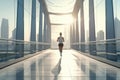 woman in sports runs along a large city bridge.