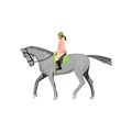 Woman riding gray jogging horse isolated against white background