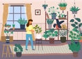 Woman caring for plants, green home garden, room with a lot of house plants, cactuses, hobby time