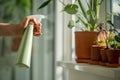 Woman sprays Alocasia plant in flower pot. Female hand spraying water on houseplant in clay pot. Royalty Free Stock Photo