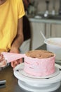 Woman spreads pink cream on cake with pastry bag, close-up. Cake making process, Selective focus Royalty Free Stock Photo