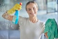 Woman, spring cleaning spray and bottle for windows in house with cloth for dust, bacteria and dirt in room, apartment Royalty Free Stock Photo