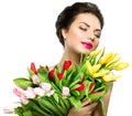 Woman with spring tulip flowers bouquet Royalty Free Stock Photo