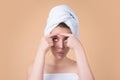 Woman squeeze out pimples on forehead. Acne and pimple on skin. Dermatology, puberty woman. Pimples problem. Girl Royalty Free Stock Photo