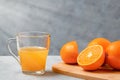 Woman squeezes orange juice in a glass cup Royalty Free Stock Photo