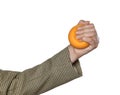 Woman squeezing antistress ball on white background, closeup