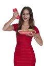 Woman Squeezing Catsup Royalty Free Stock Photo