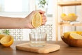 Woman squeezing lemon juice into glass bowl Royalty Free Stock Photo