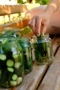 Woman stacks cucumbers in a jar close-up, canning cucumbers for the winter, salting