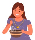 Woman, Housewife Whip Ingredients in Bowl by Whisk