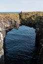 Woman stand on a natural stone gate by the ocean. Black volcanic rock cliff of western Icelandic coast Snaefellsnes Peninsula Icel