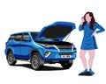 Woman stand near broken auto. Call for help. Vector illustration.