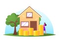 Woman Stand near Golden Coins Pile front of Cottage. Female Character Saving Money, Open Deposit for Buying Real Estate