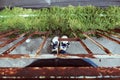 Woman stand nestle close rust handrail of balcony in stress and fearful by violence, deadlock in life