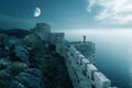 A woman stand ond the walls of a medieval fortress. Wall and tower of a Fotification landscape with moon on sky.