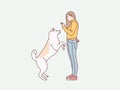 Woman stand training dog pet friendship simple korean style illustration