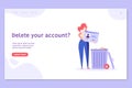 Woman standing with account or profile and trash can. User deleting social account to waste bin. Concept of delete profile, Royalty Free Stock Photo