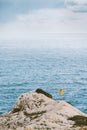 Woman standing alone raised hands enjoying moody sea view Travel lifestyle vacations outdoor Royalty Free Stock Photo