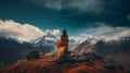 Woman standing atop a hill with a backdrop of snow-capped mountains in the distance, AI-generated.