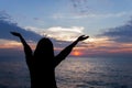 Woman standing on beach, watching sunset,