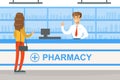 Woman Standing Behind Counter in Pharmacy, Man Pharmacist Selling Medications, Modern Pharmacy and Drugstore Interior