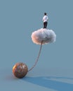 Woman standing on a cloud chained to a weight