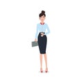 Woman standing with coffee, happy female confident entrepreneur in office outfit